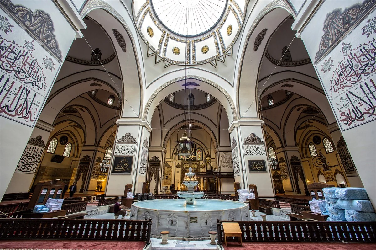 Bursa Grand Mosque. A masterpiece of Ottoman architecture, adorned with exquisite calligraphy and elegant domes.